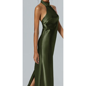 AW BRIDAL sz 4 S Green Olive Mugwort crystal satin halter maxi dress NEW B163
